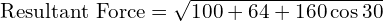 \text{Resultant Force} = \sqrt{100 + 64 + 160 \cos{30}}