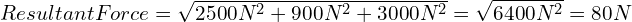 Resultant Force = sqrt{2500 N^2 + 900 N^2 + 3000 N^2} = sqrt{6400 N^2} = 80 N