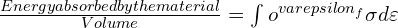 \frac{Energy absorbed by the material}{Volume} = \int {o}^{varepsilon_f}\sigma d\varepsilon