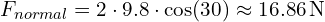 F_{normal} = 2 cdot 9.8 cdot cos(30°) approx 16.86 , text{N}