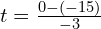  t = frac{0 - (-15)}{-3} 