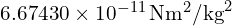 (6.67430 times 10^{-11} , text{Nm}^2/text{kg}^2