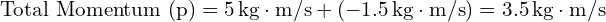  text{Total Momentum (p)} = 5 , text{kg} cdot text{m/s} + (-1.5 , text{kg} cdot text{m/s}) = 3.5 , text{kg} cdot text{m/s} 