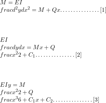 \\\\M=EI \\frac{d^2 y}{dx^2}=M+Qx……………[1]\\\\\\\\EI \\frac{dy}{dx}=Mx+Q\\frac{x^2}{2} +C_1……………[2]\\\\\\\\EIy=M \\frac{x^2}{2}+Q \\frac{x^3}{6}+C_1 x+C_2……………[3]