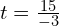  t = frac{15}{-3} 