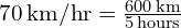 70 , text{km/hr} = frac{600 , text{km}}{5 , text{hours}}