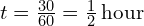 t = \frac{30}{60} = \frac{1}{2} \, \text{hour}