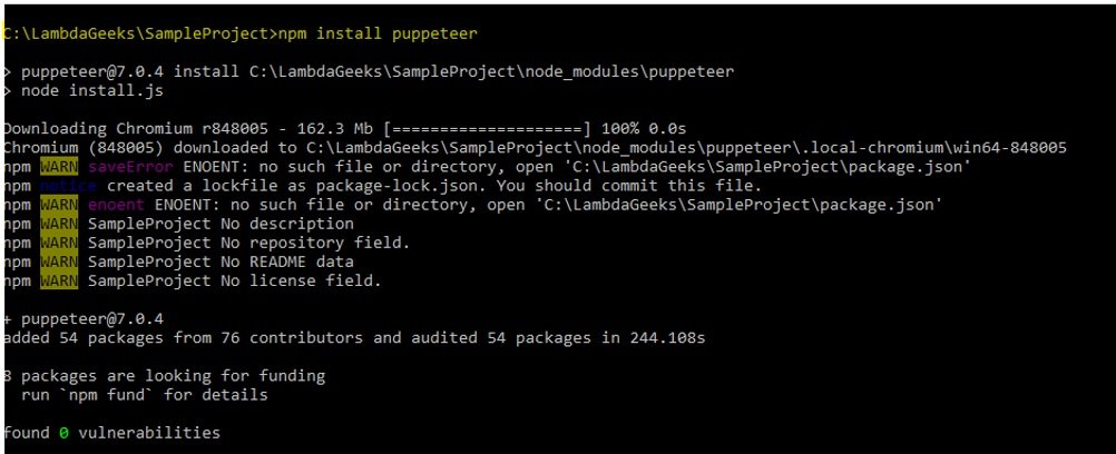 Puppeteer tutorial - Installation Log